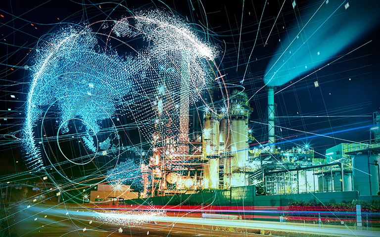 Abstract image of security/big data over industrial building