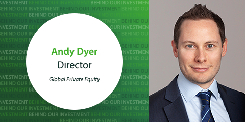Headshot of Andy Dyer against a background that reads Behind Our Investment