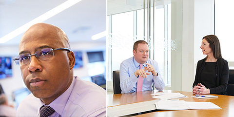 Collage: Left photo of Derek Morris staring at unseen computer screen; Right photo of Tim Wojs and Julie Schenkel having a conversation over documents in conference room.
